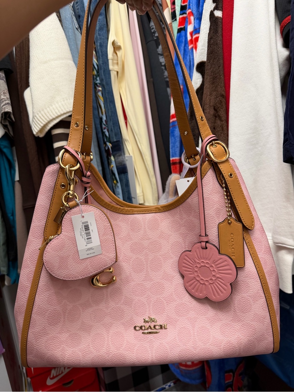 Coach Powder Pink Pebbled Leather Shoulder Bag with Floral Charm